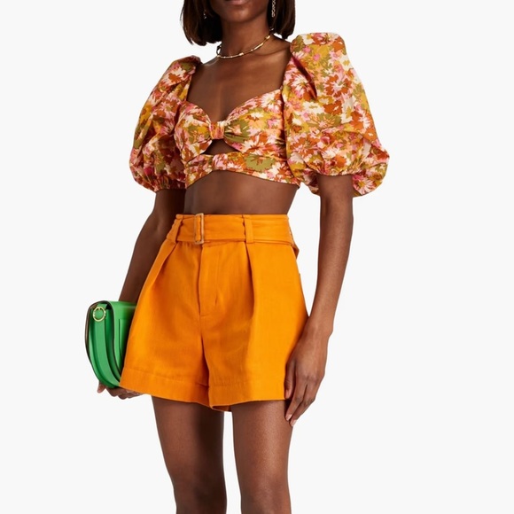 Zimmermann Cropped Cutout Floral Print Puff Sleeve Top Cotton Gauze Size 0 - Picture 1 of 16